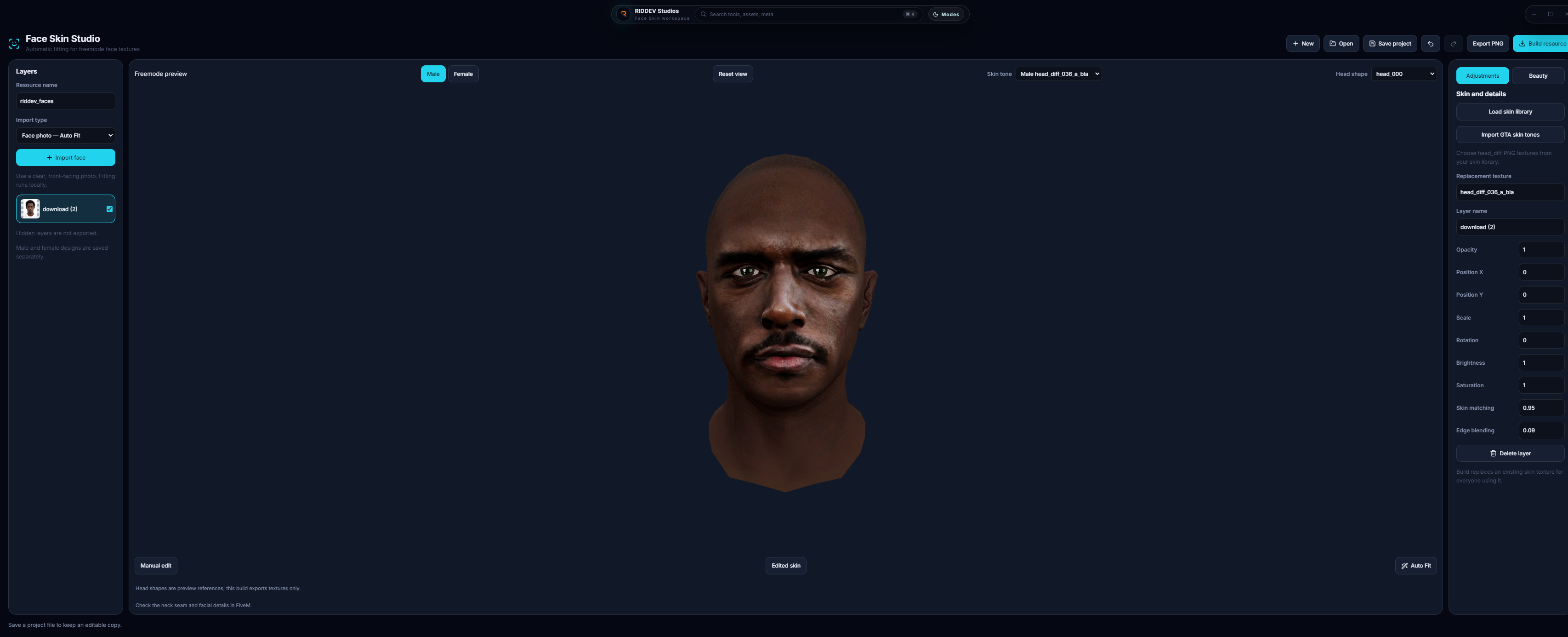 Face Skin Studio showing a custom male face texture in 3D with photo layers and adjustment controls