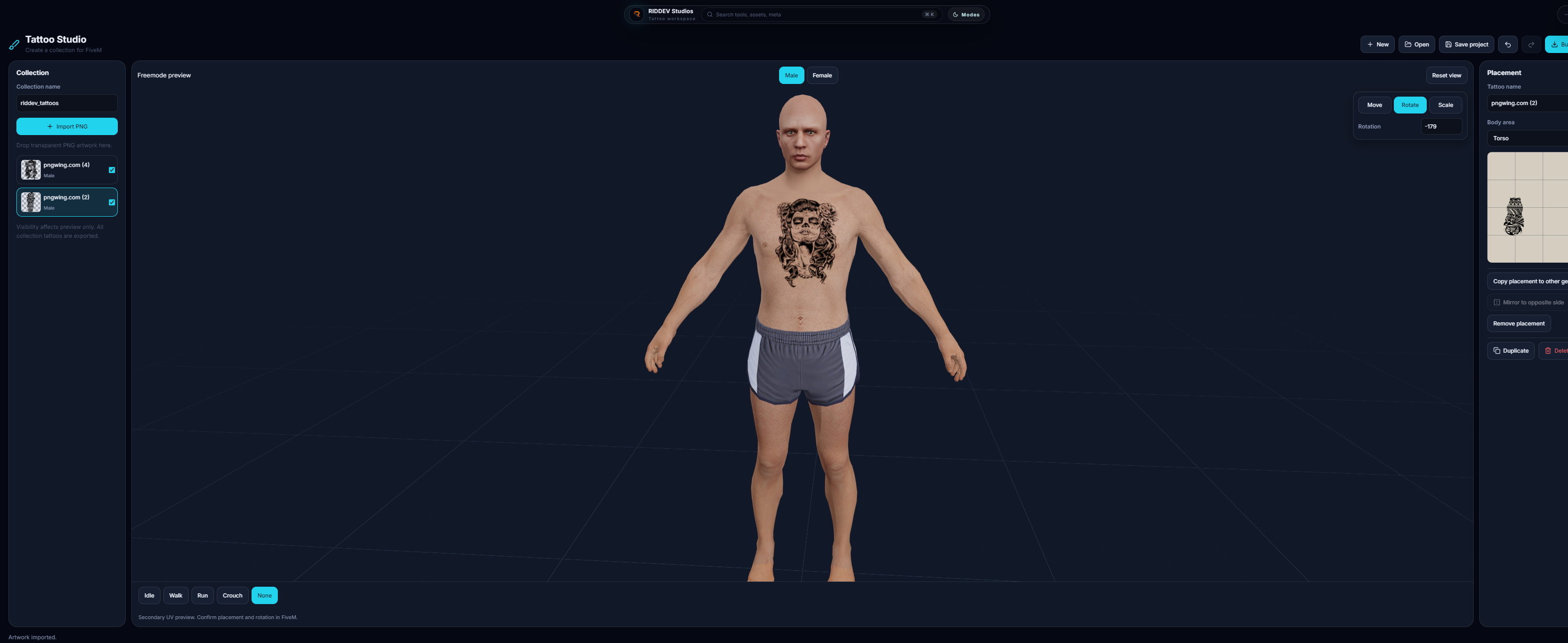 Tattoo Studio showing a chest tattoo on a male character with design layers and placement controls