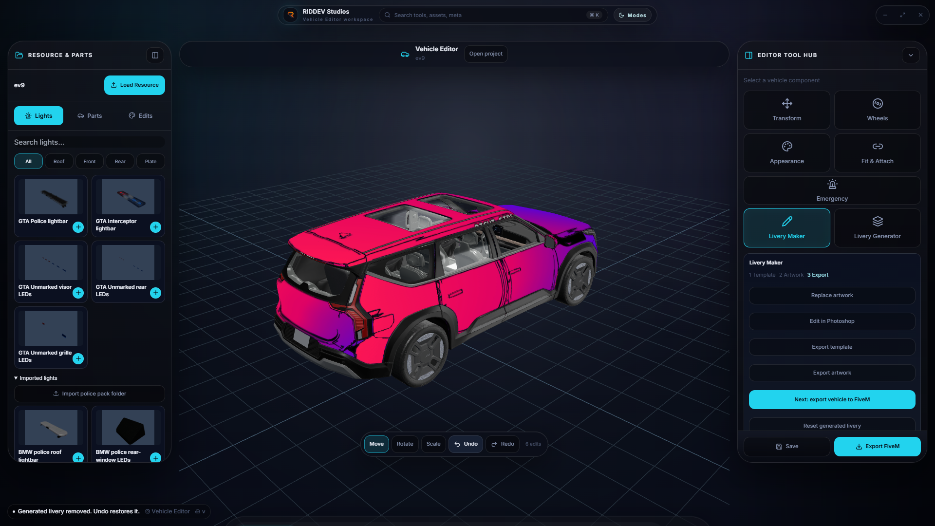 RIDDEV Vehicle Editor with a vehicle model and editing controls
