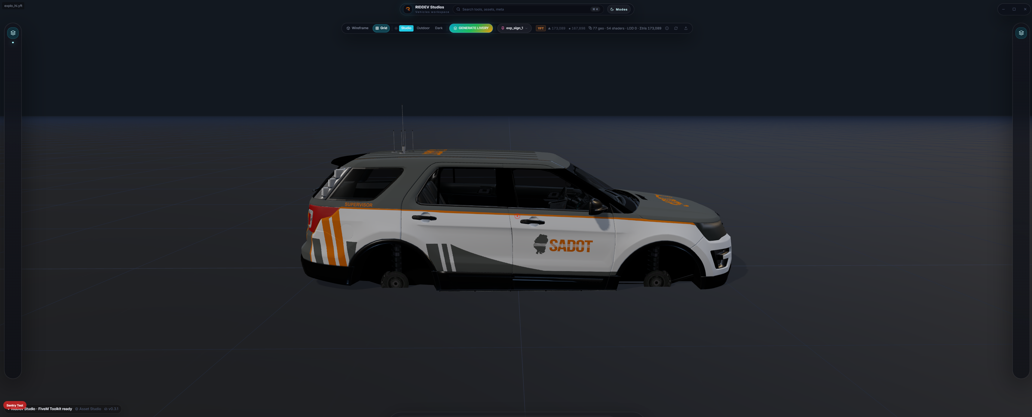 FiveM police SUV with SADOT livery in RIDDEV Studios real-time 3D preview